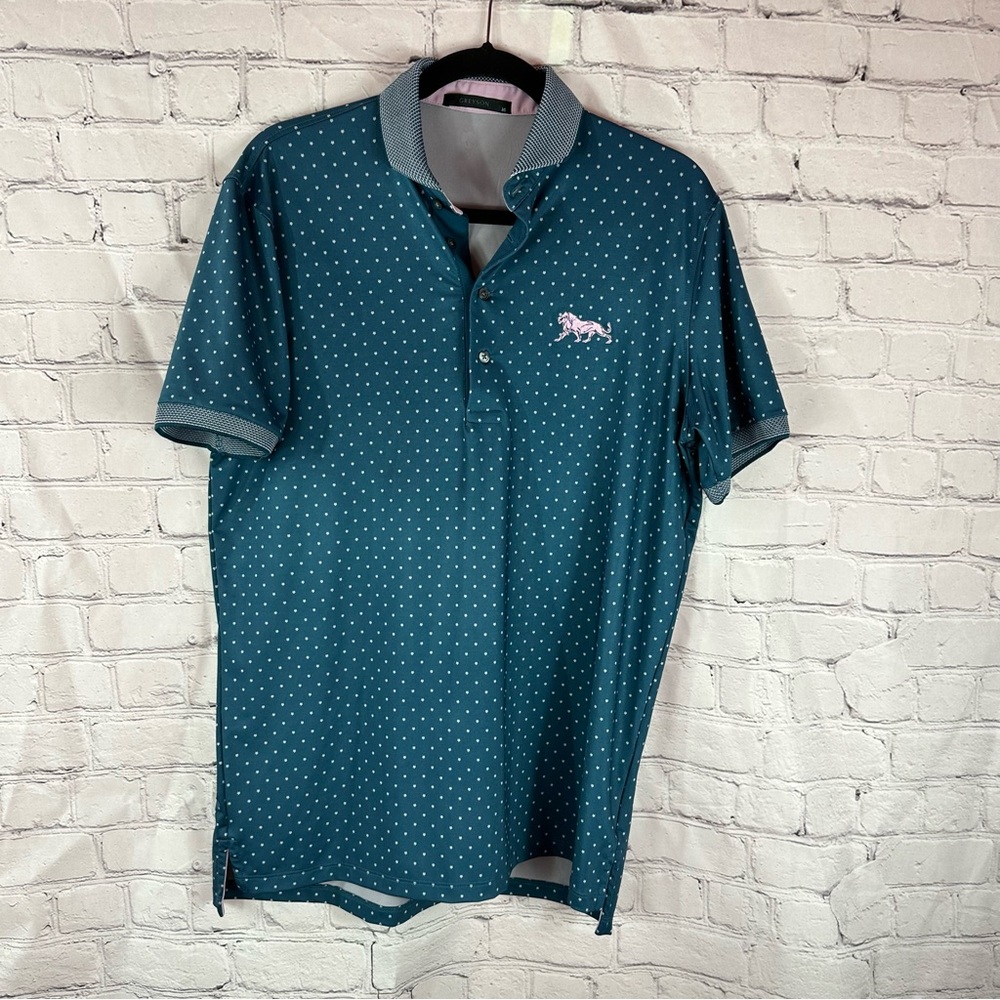Greyson golf polo men's medium teal and pink logo graphic print